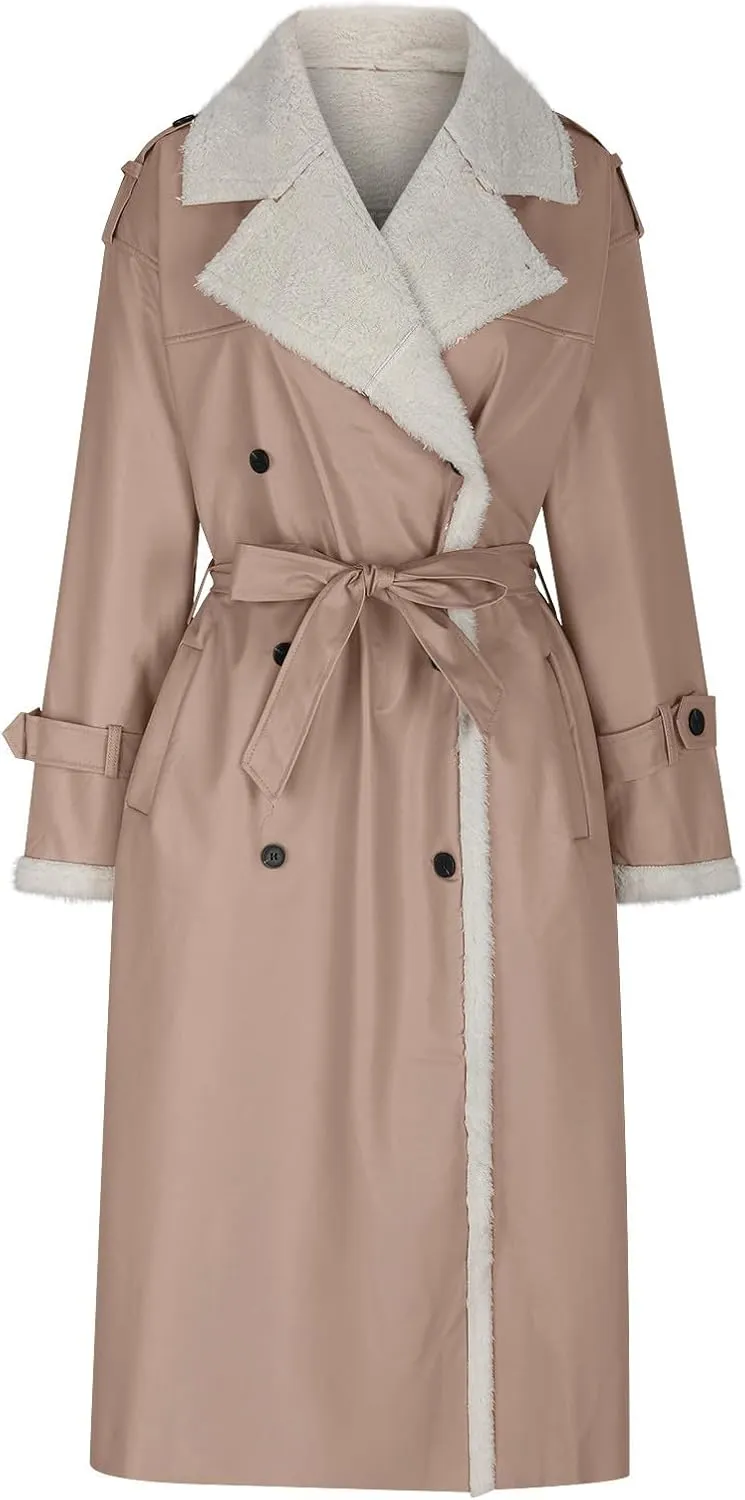 Trench Coat Women Fleece Sherpa Lined Jacket Notch Lapel Double Breasted Jacket with Belt Winter Warm Overcoat Outwear