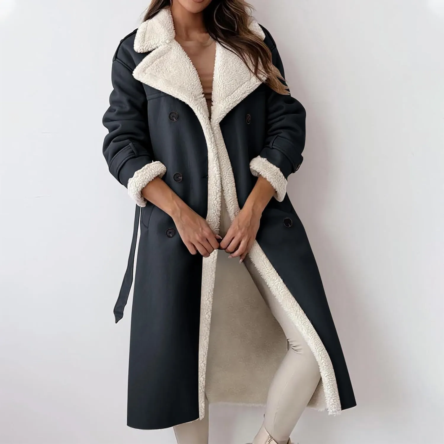 Trench Coat Women Fleece Sherpa Lined Jacket Notch Lapel Double Breasted Jacket with Belt Winter Warm Overcoat Outwear