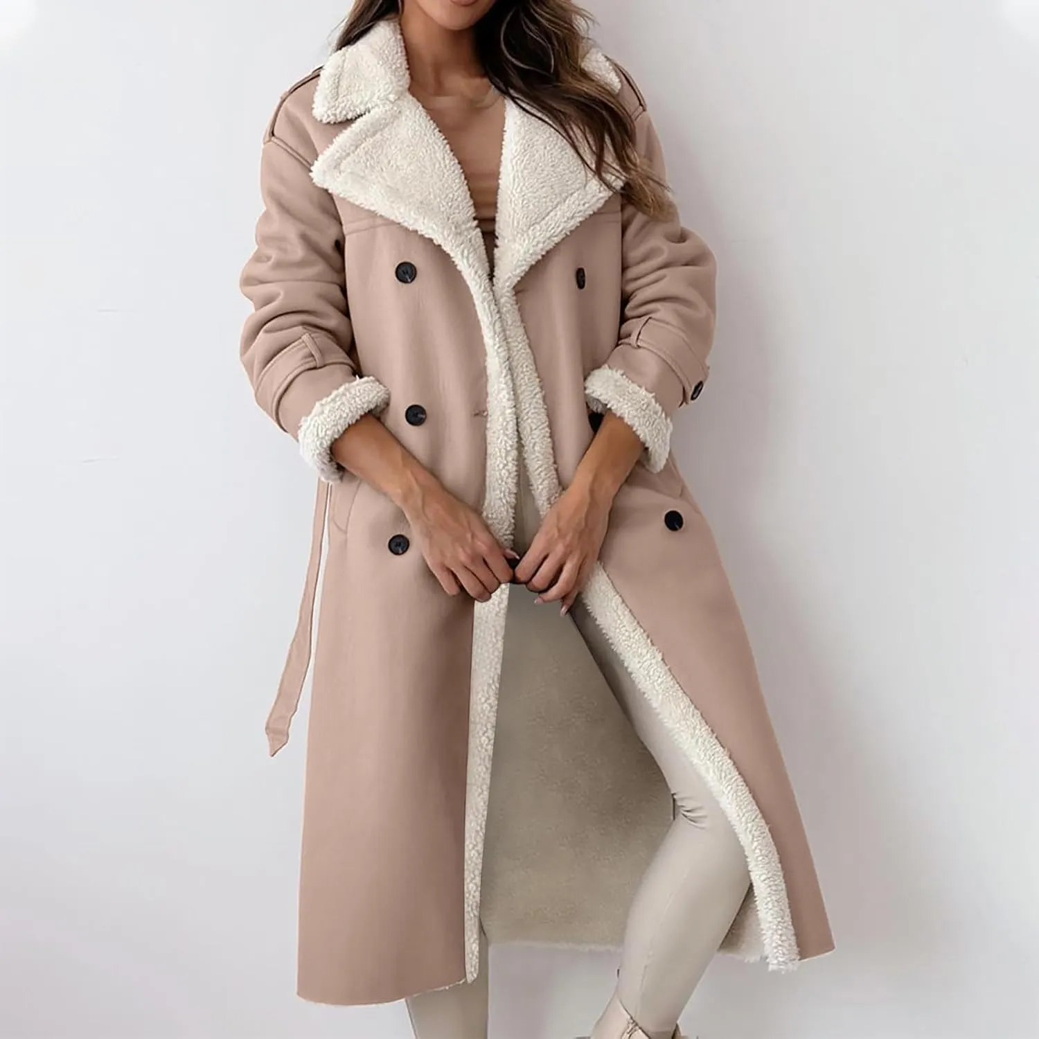 Trench Coat Women Fleece Sherpa Lined Jacket Notch Lapel Double Breasted Jacket with Belt Winter Warm Overcoat Outwear