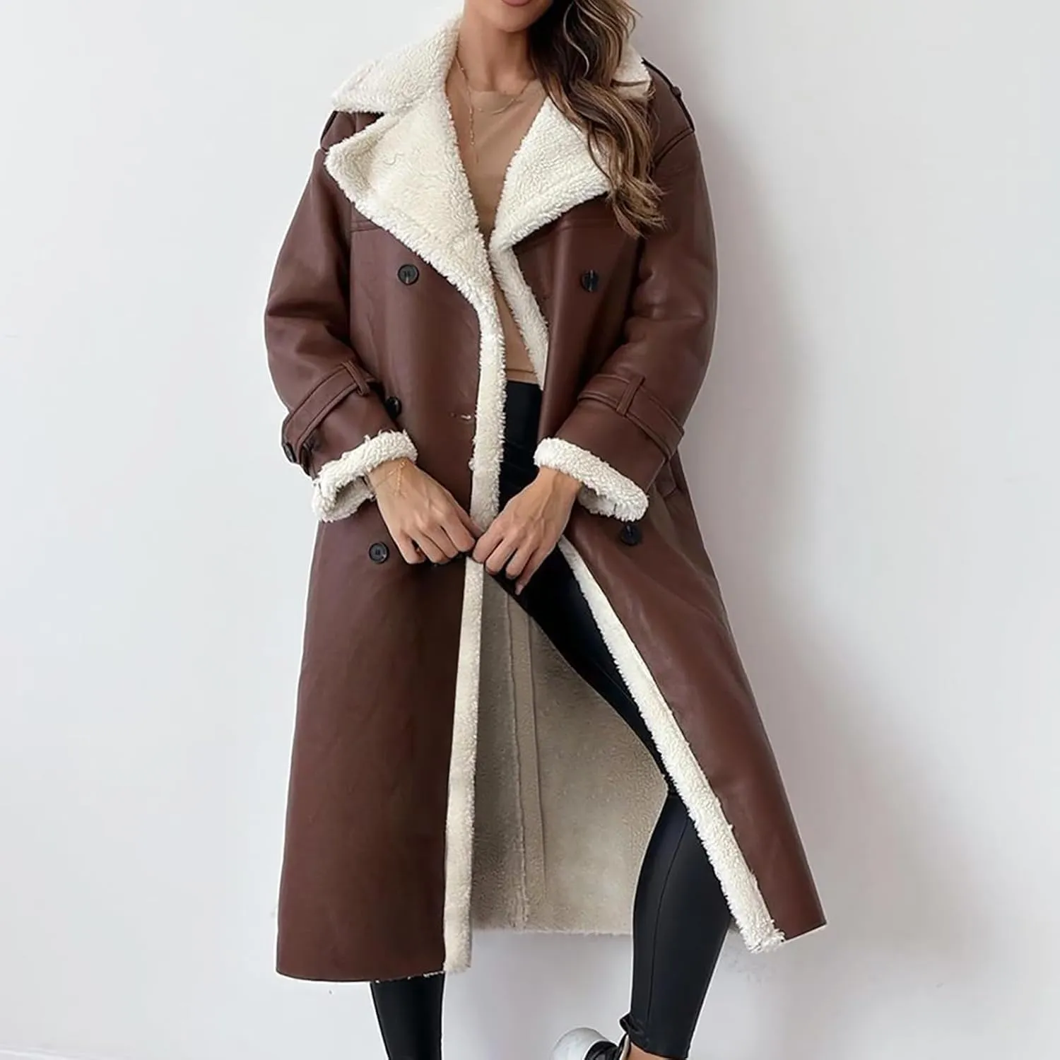 Trench Coat Women Fleece Sherpa Lined Jacket Notch Lapel Double Breasted Jacket with Belt Winter Warm Overcoat Outwear