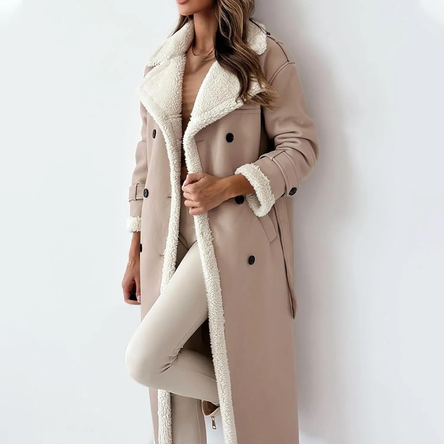 Trench Coat Women Fleece Sherpa Lined Jacket Notch Lapel Double Breasted Jacket with Belt Winter Warm Overcoat Outwear