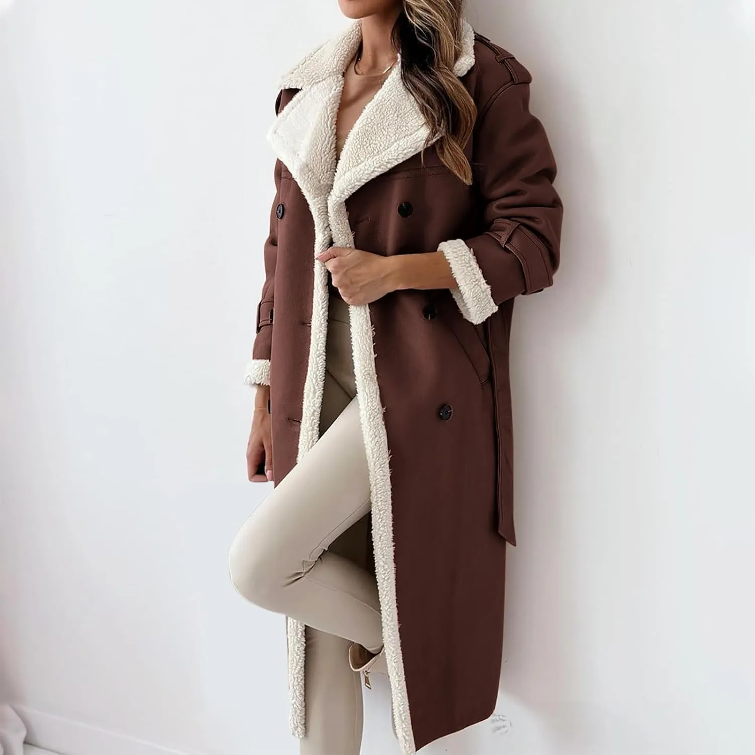 Trench Coat Women Fleece Sherpa Lined Jacket Notch Lapel Double Breasted Jacket with Belt Winter Warm Overcoat Outwear