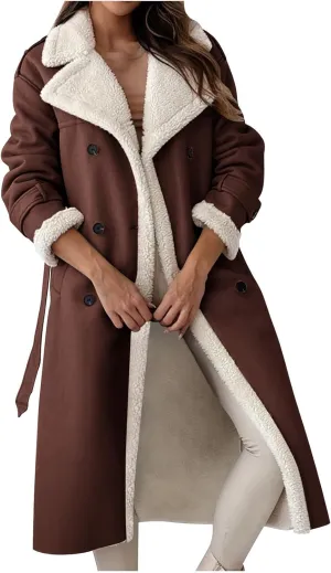 Trench Coat Women Fleece Sherpa Lined Jacket Notch Lapel Double Breasted Jacket with Belt Winter Warm Overcoat Outwear