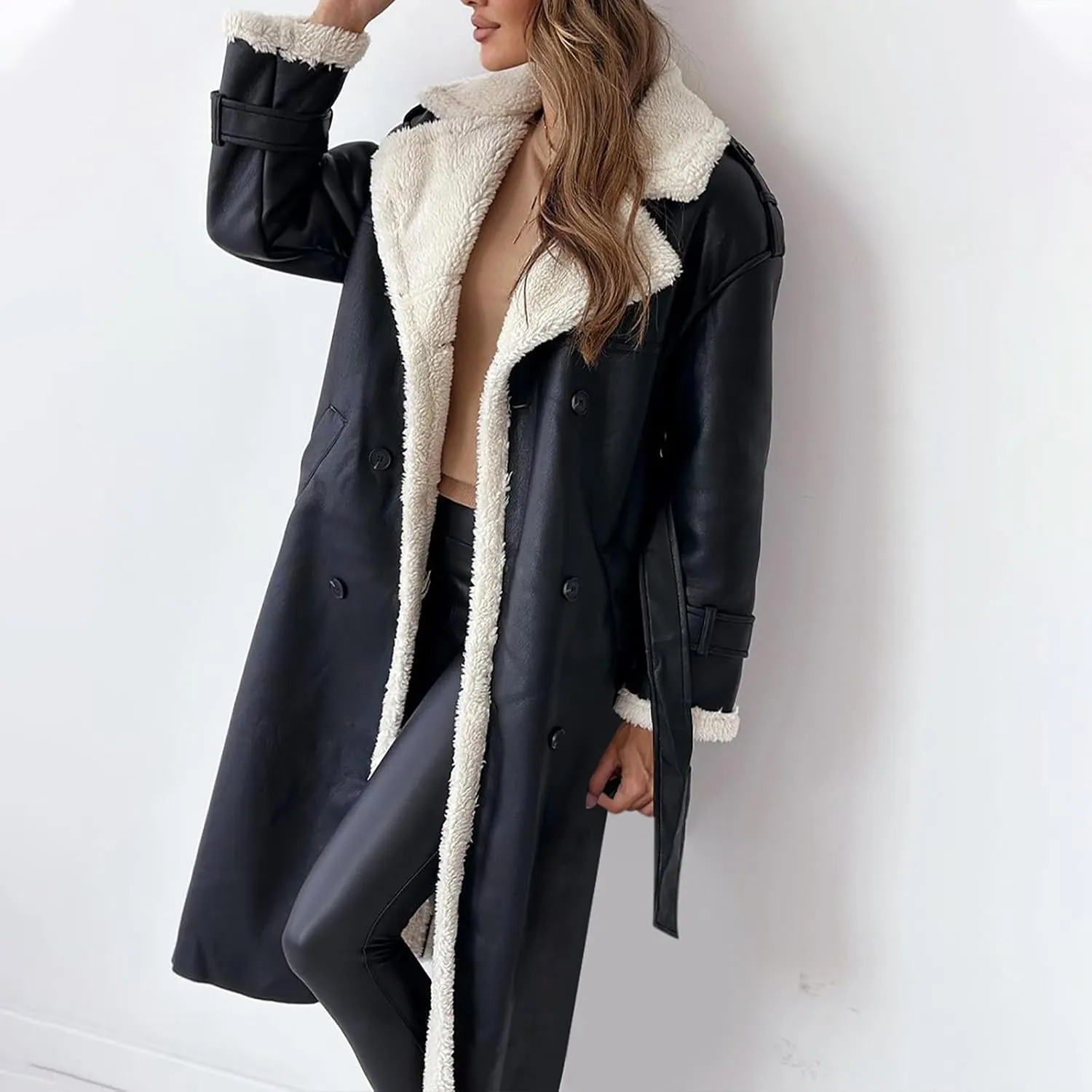 Trench Coat Women Fleece Sherpa Lined Jacket Notch Lapel Double Breasted Jacket with Belt Winter Warm Overcoat Outwear