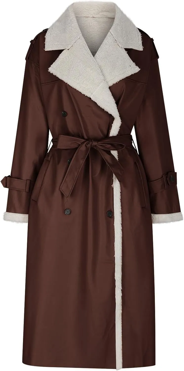 Trench Coat Women Fleece Sherpa Lined Jacket Notch Lapel Double Breasted Jacket with Belt Winter Warm Overcoat Outwear