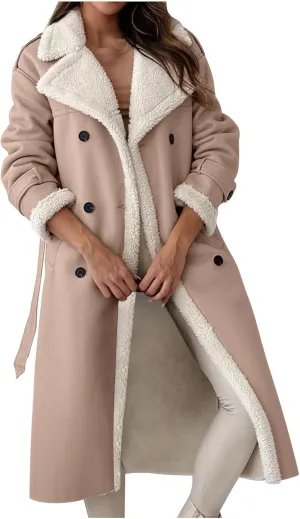 Trench Coat Women Fleece Sherpa Lined Jacket Notch Lapel Double Breasted Jacket with Belt Winter Warm Overcoat Outwear