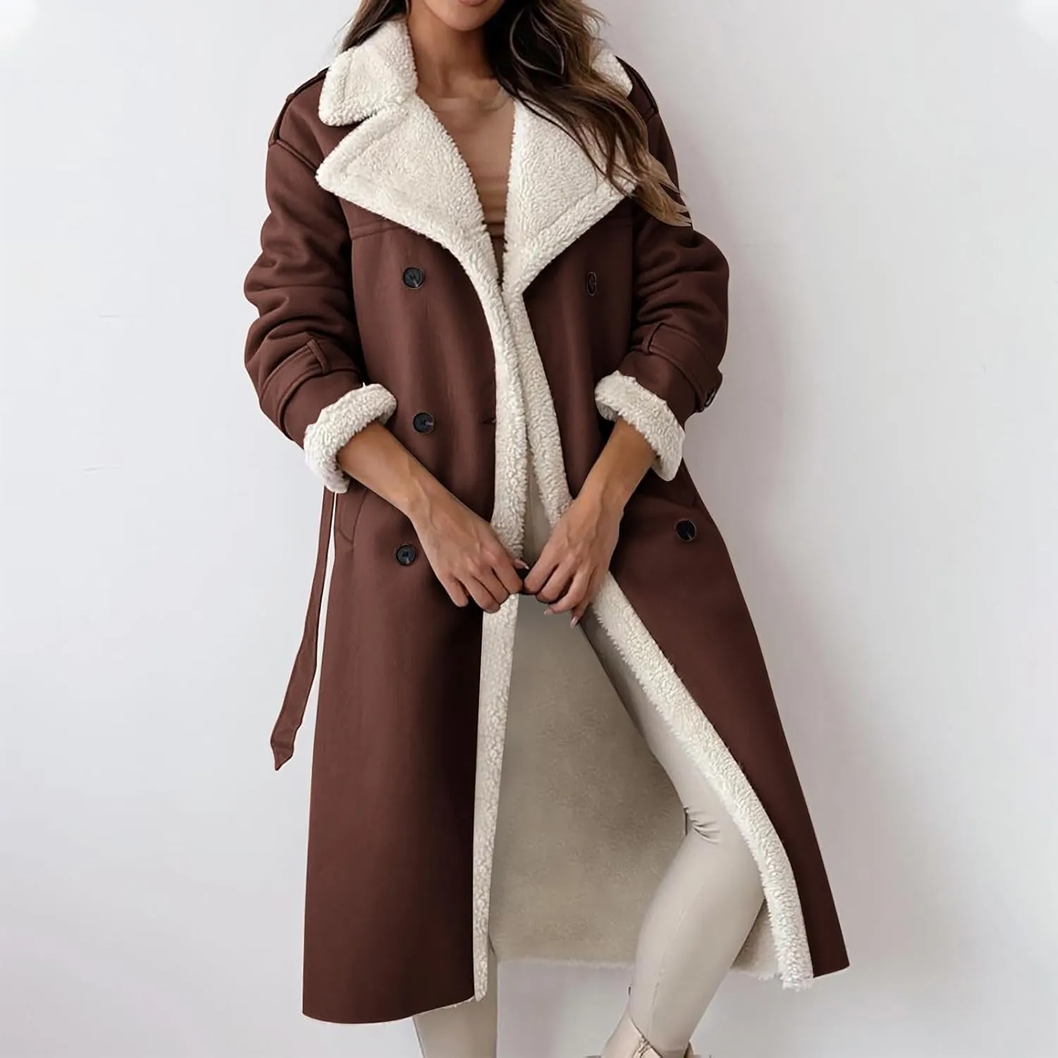 Trench Coat Women Fleece Sherpa Lined Jacket Notch Lapel Double Breasted Jacket with Belt Winter Warm Overcoat Outwear