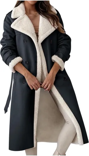 Trench Coat Women Fleece Sherpa Lined Jacket Notch Lapel Double Breasted Jacket with Belt Winter Warm Overcoat Outwear