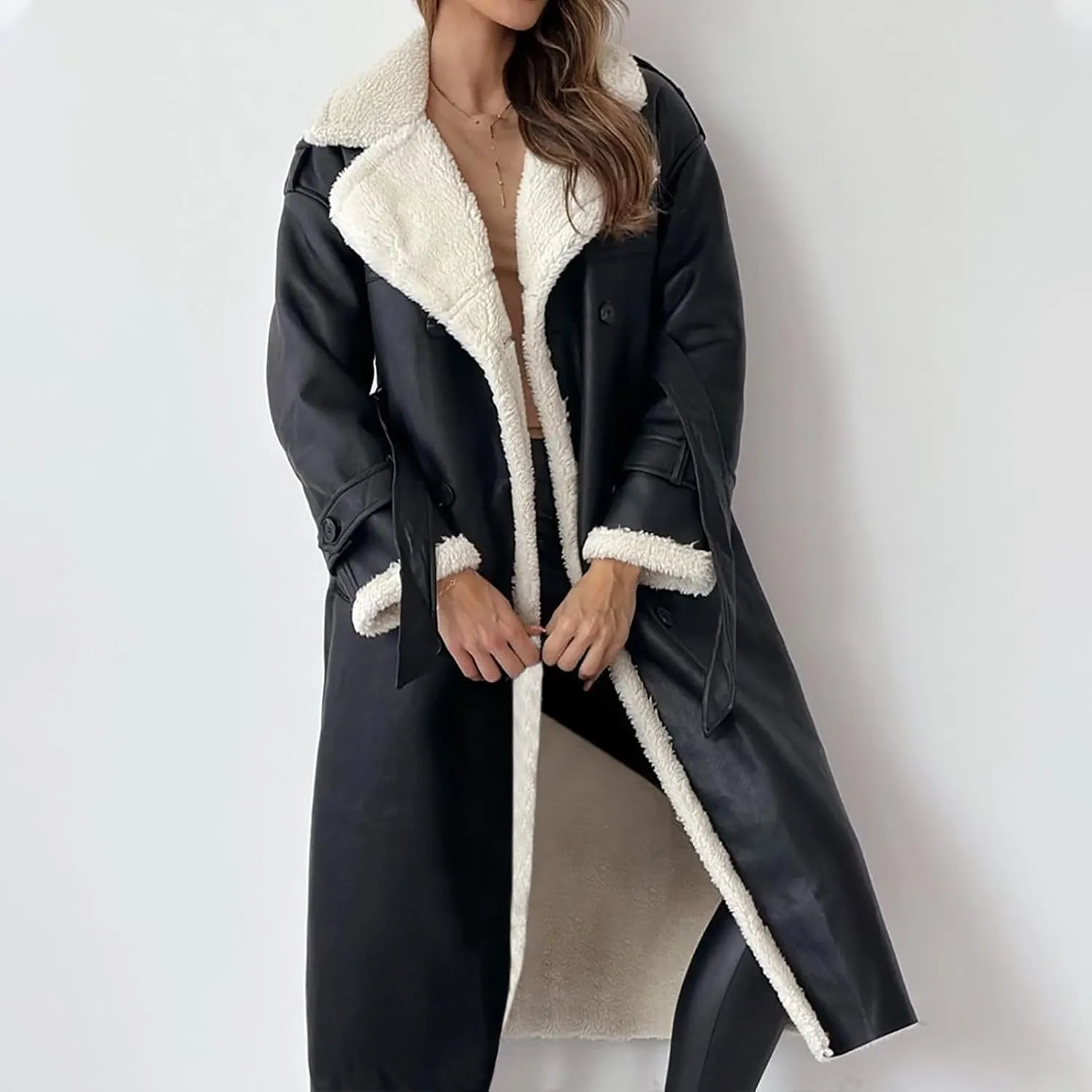 Trench Coat Women Fleece Sherpa Lined Jacket Notch Lapel Double Breasted Jacket with Belt Winter Warm Overcoat Outwear