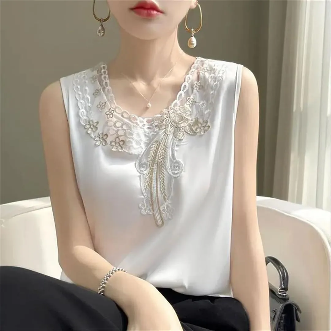 V-Neck Lace Camisole Women's Satin T-Shirt Sleeveless Bottoming Shirt Top