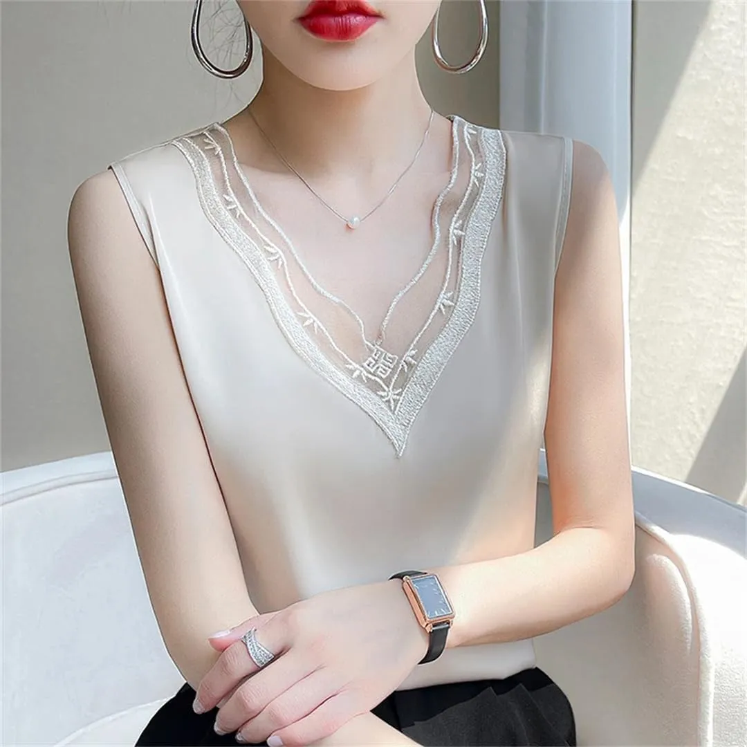 V-Neck Lace Camisole Women's Satin T-Shirt Sleeveless Bottoming Shirt Top