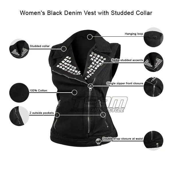 Vance Womens Black Denim Motorcycle Vest With Studded Collar