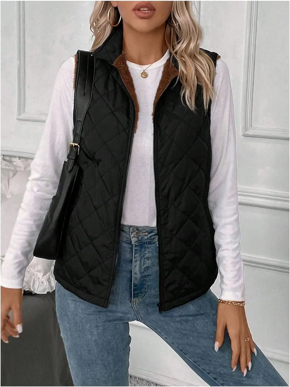 Verdusa Women's Sleeveless Zip Up Quilted Vest Jacket Fleece Lined Outerwear