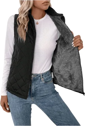 Verdusa Women's Sleeveless Zip Up Quilted Vest Jacket Fleece Lined Outerwear