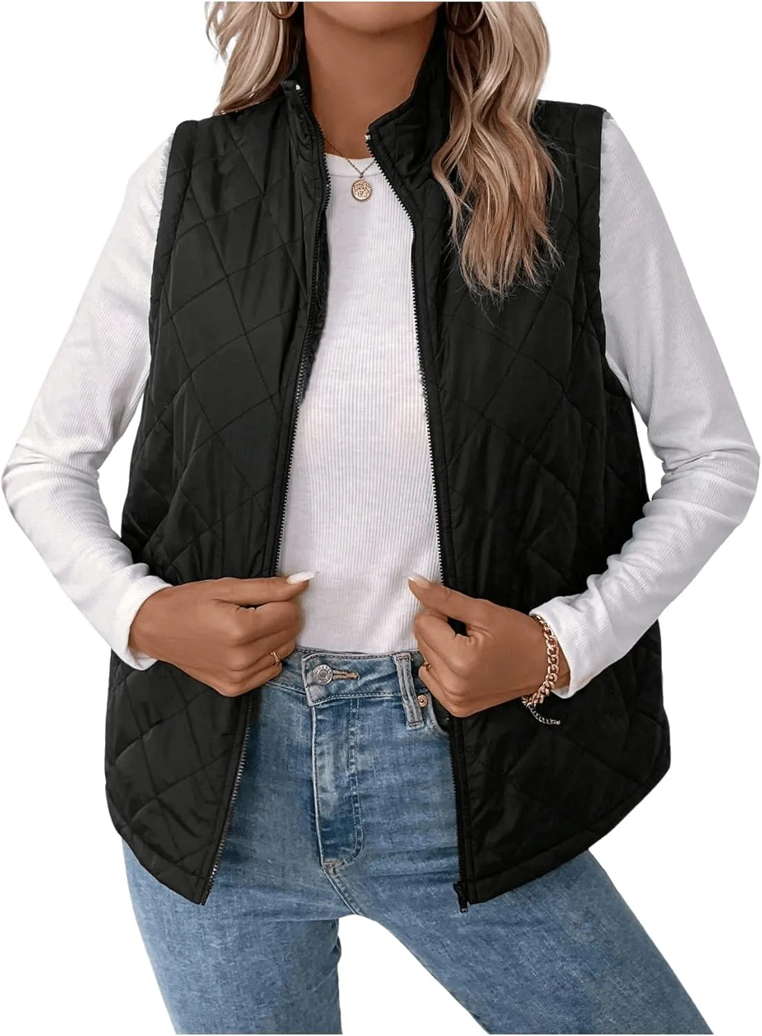 Verdusa Women's Sleeveless Zip Up Quilted Vest Jacket Fleece Lined Outerwear