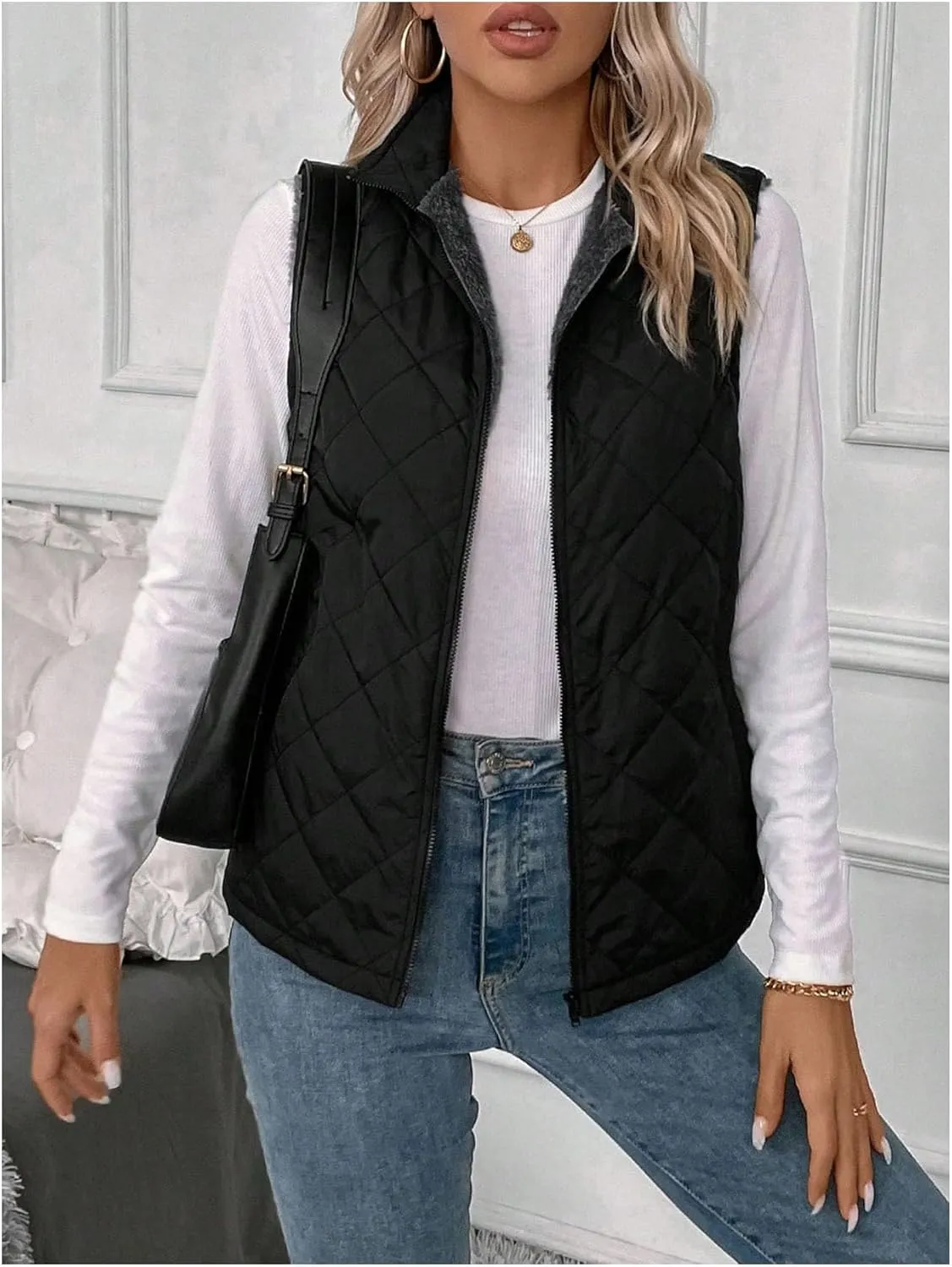 Verdusa Women's Sleeveless Zip Up Quilted Vest Jacket Fleece Lined Outerwear