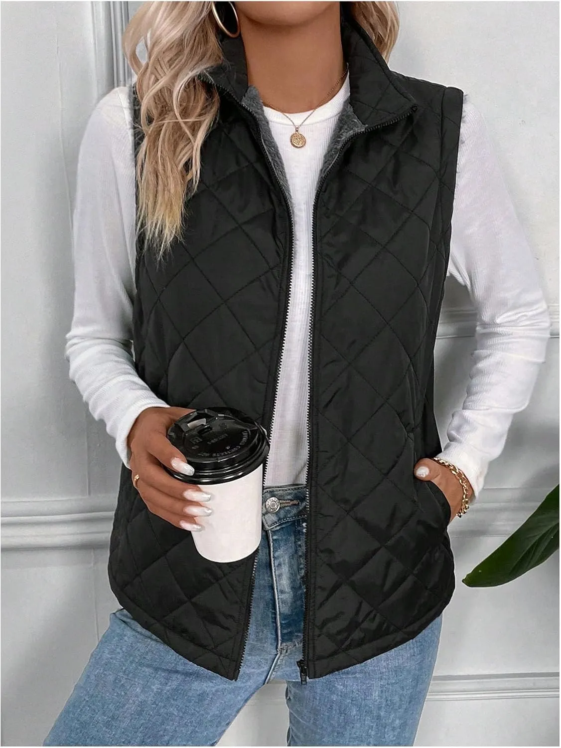 Verdusa Women's Sleeveless Zip Up Quilted Vest Jacket Fleece Lined Outerwear