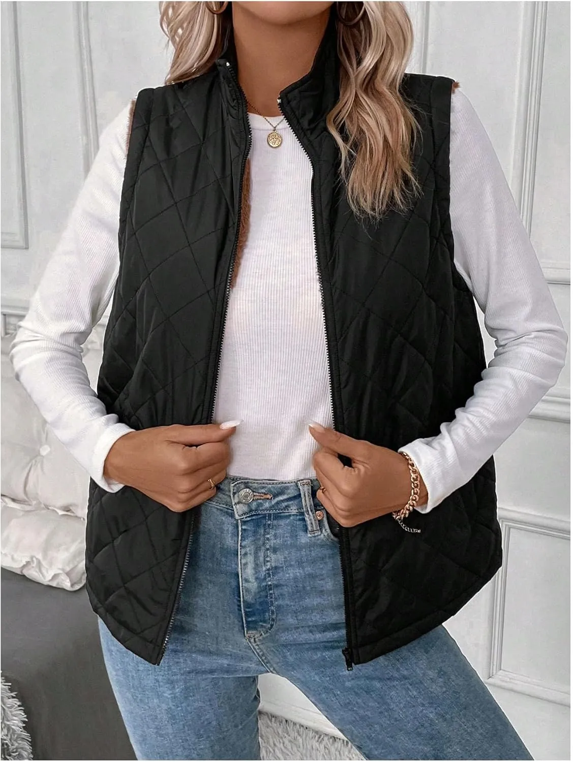 Verdusa Women's Sleeveless Zip Up Quilted Vest Jacket Fleece Lined Outerwear
