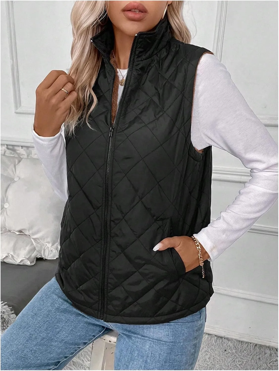 Verdusa Women's Sleeveless Zip Up Quilted Vest Jacket Fleece Lined Outerwear