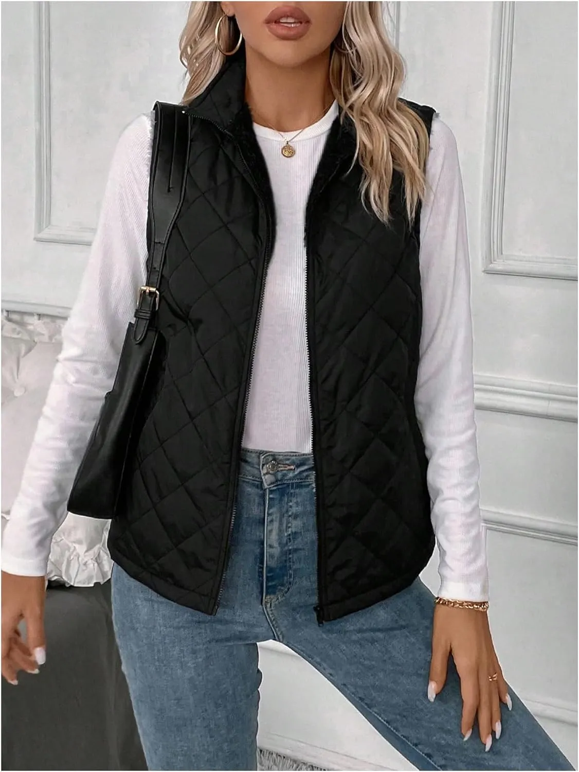 Verdusa Women's Sleeveless Zip Up Quilted Vest Jacket Fleece Lined Outerwear