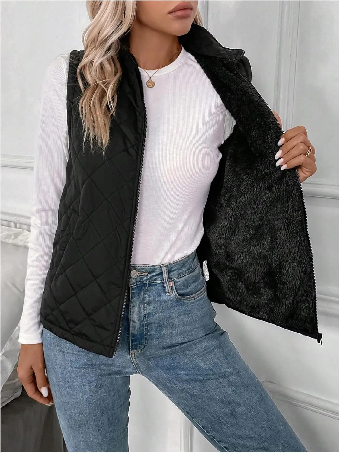 Verdusa Women's Sleeveless Zip Up Quilted Vest Jacket Fleece Lined Outerwear