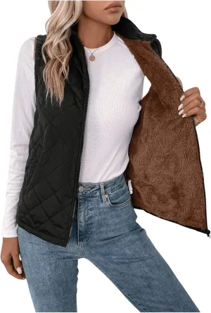 Verdusa Women's Sleeveless Zip Up Quilted Vest Jacket Fleece Lined Outerwear