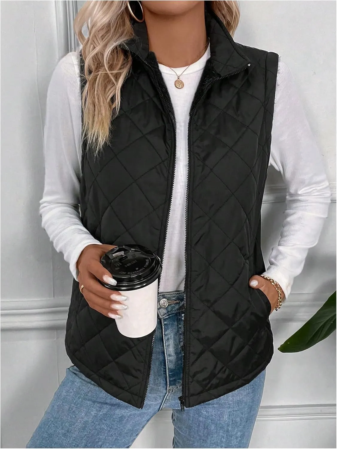 Verdusa Women's Sleeveless Zip Up Quilted Vest Jacket Fleece Lined Outerwear