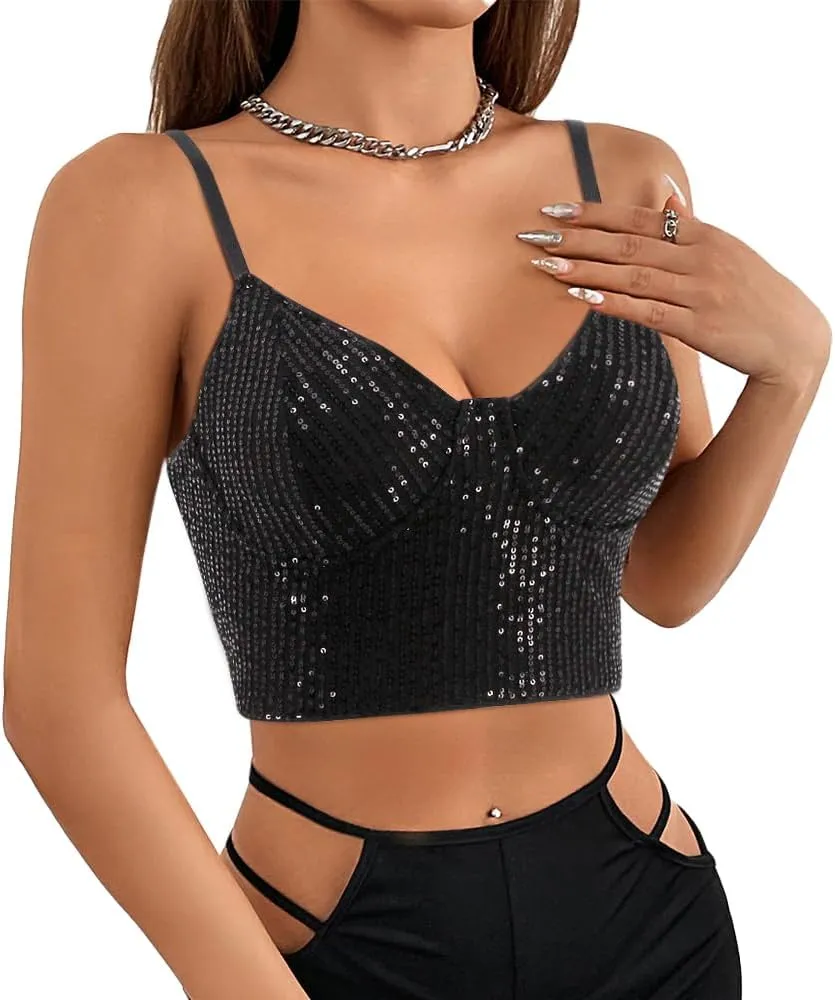 Vimoisa Women Reflective Metallic Tank Top Bustier Spaghetti Strap Crop Top Tight Sleeveless Tube Top Vest Blouse