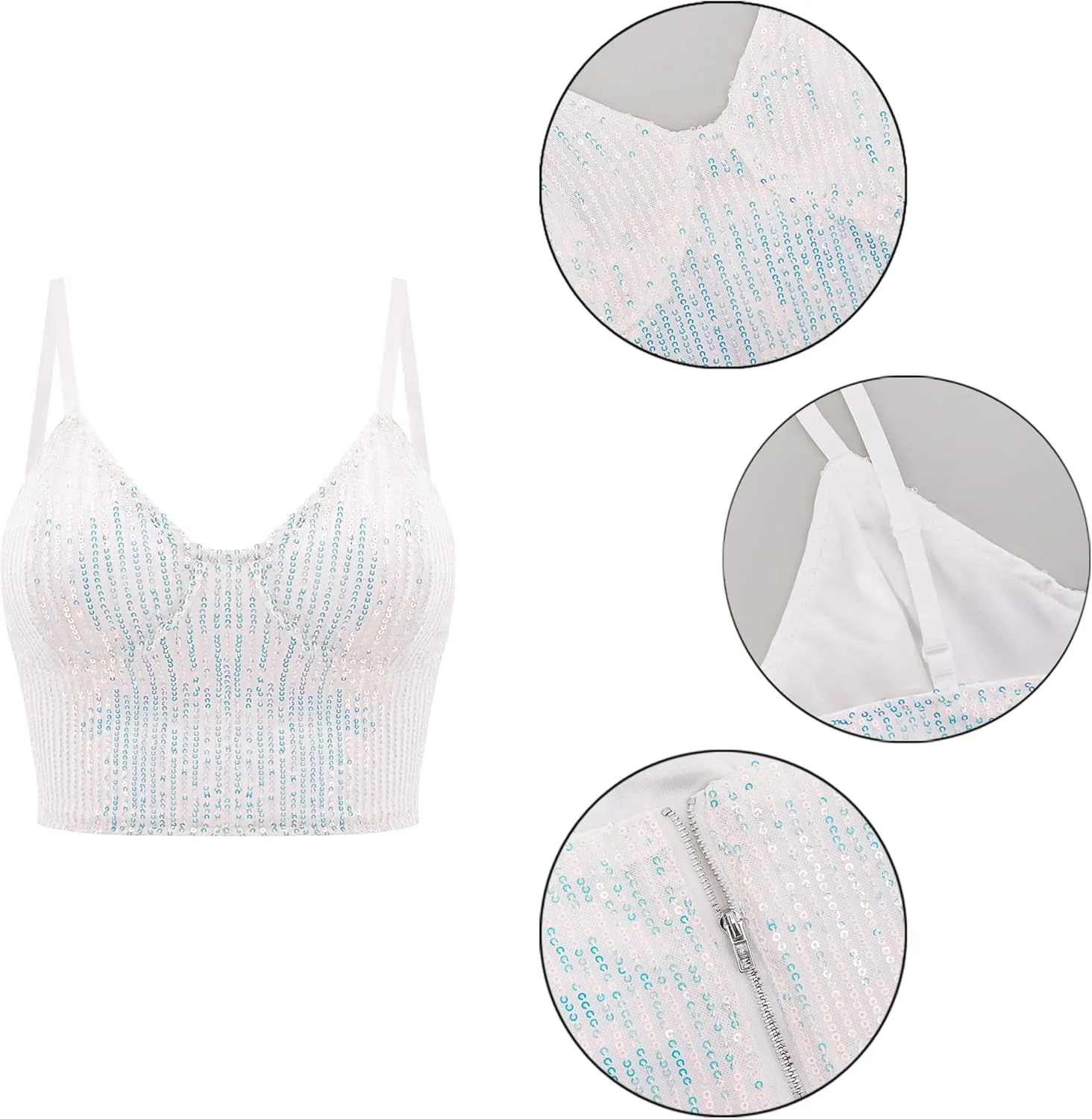 Vimoisa Women Reflective Metallic Tank Top Bustier Spaghetti Strap Crop Top Tight Sleeveless Tube Top Vest Blouse