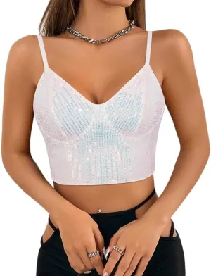 Vimoisa Women Reflective Metallic Tank Top Bustier Spaghetti Strap Crop Top Tight Sleeveless Tube Top Vest Blouse