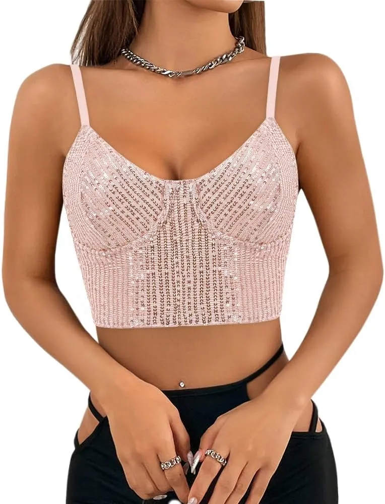 Vimoisa Women Reflective Metallic Tank Top Bustier Spaghetti Strap Crop Top Tight Sleeveless Tube Top Vest Blouse