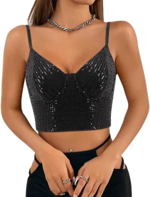 Vimoisa Women Reflective Metallic Tank Top Bustier Spaghetti Strap Crop Top Tight Sleeveless Tube Top Vest Blouse