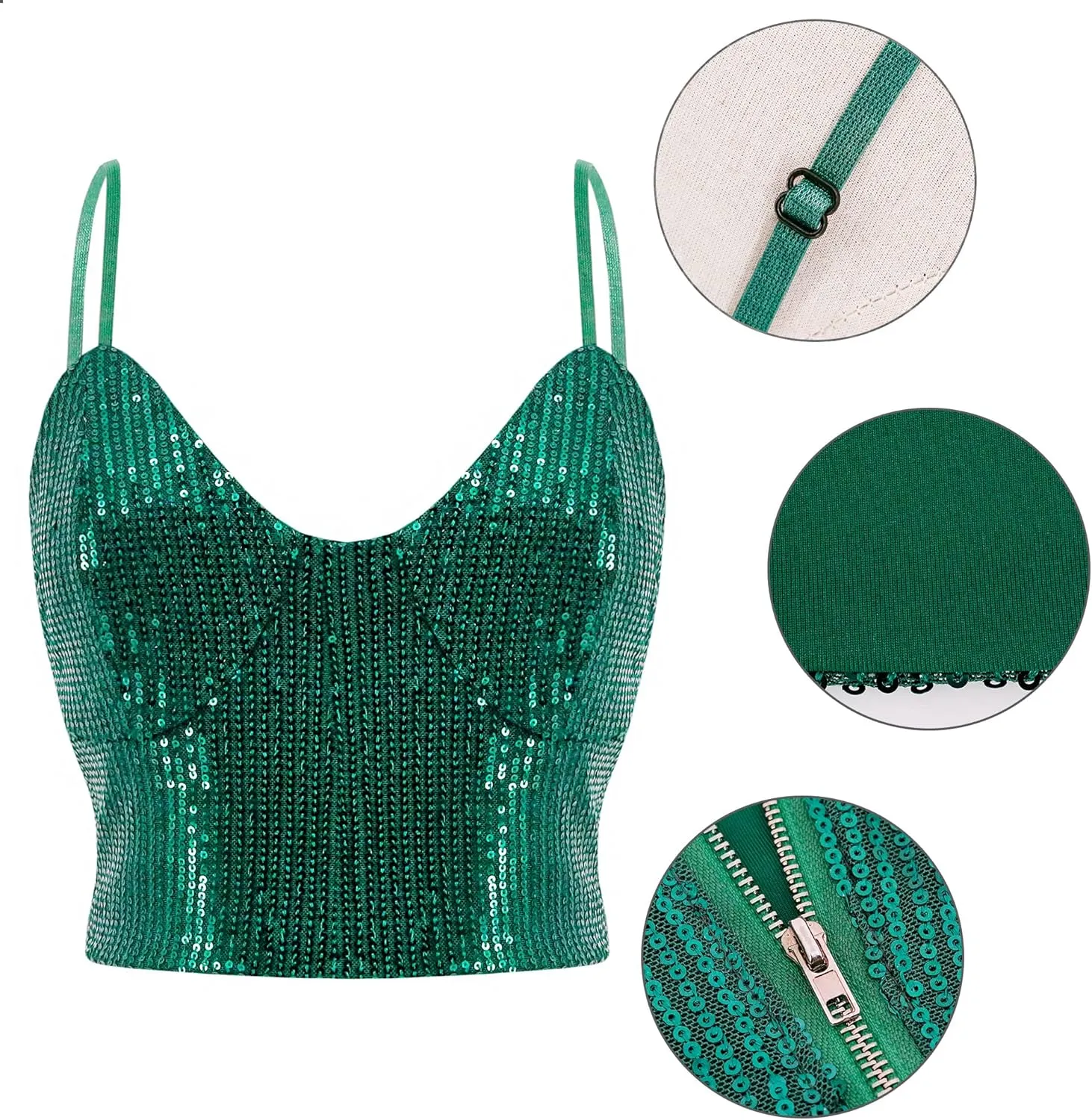Vimoisa Women Reflective Metallic Tank Top Bustier Spaghetti Strap Crop Top Tight Sleeveless Tube Top Vest Blouse