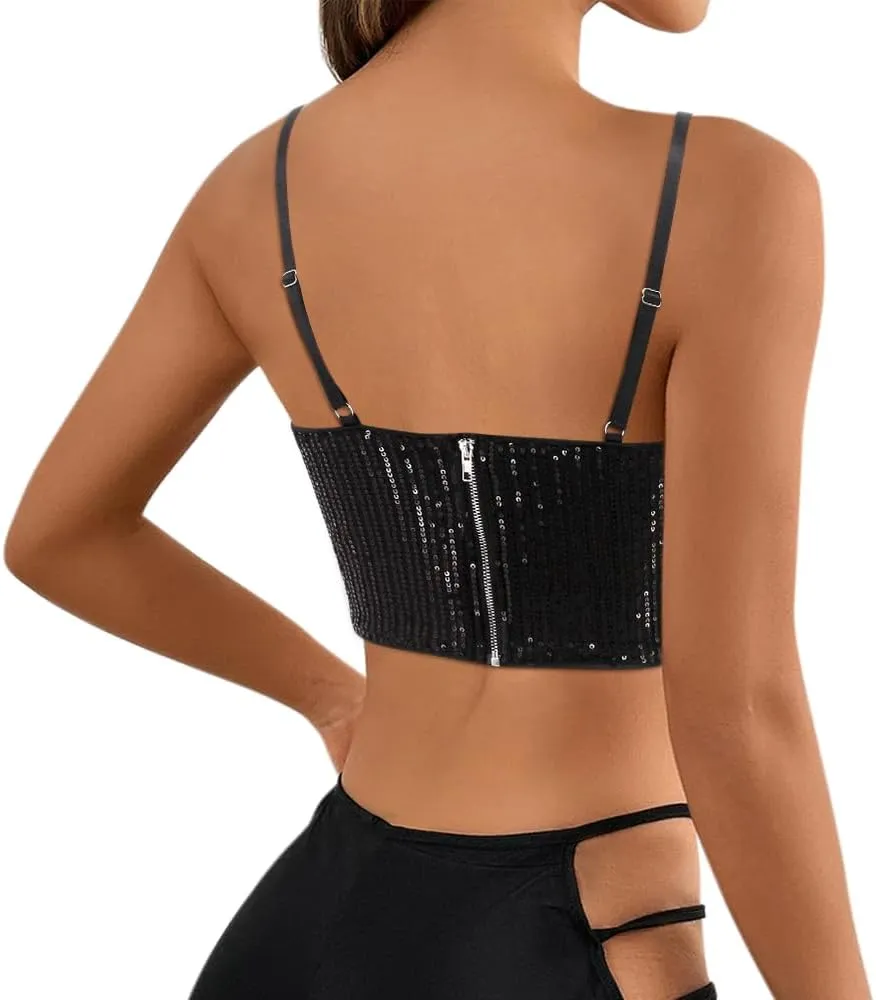 Vimoisa Women Reflective Metallic Tank Top Bustier Spaghetti Strap Crop Top Tight Sleeveless Tube Top Vest Blouse