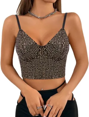Vimoisa Women Reflective Metallic Tank Top Bustier Spaghetti Strap Crop Top Tight Sleeveless Tube Top Vest Blouse