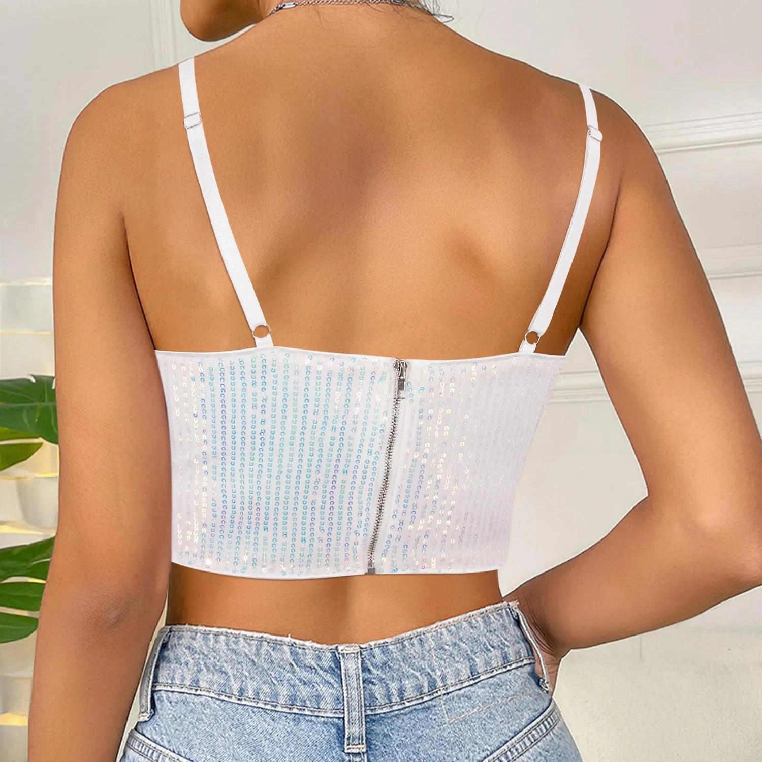 Vimoisa Women Reflective Metallic Tank Top Bustier Spaghetti Strap Crop Top Tight Sleeveless Tube Top Vest Blouse