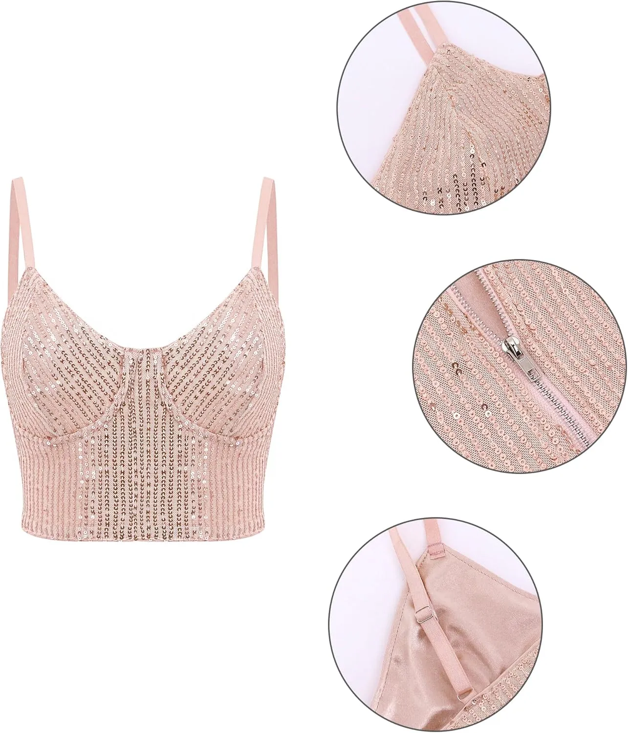 Vimoisa Women Reflective Metallic Tank Top Bustier Spaghetti Strap Crop Top Tight Sleeveless Tube Top Vest Blouse