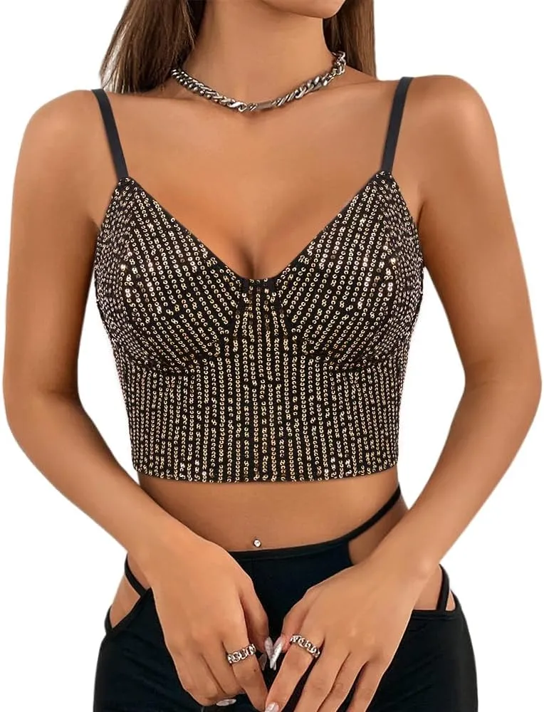 Vimoisa Women Reflective Metallic Tank Top Bustier Spaghetti Strap Crop Top Tight Sleeveless Tube Top Vest Blouse