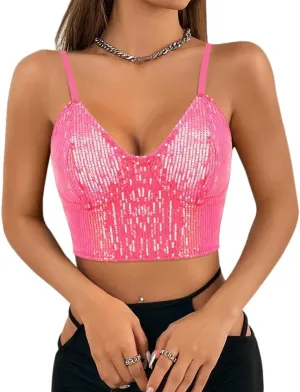 Vimoisa Women Reflective Metallic Tank Top Bustier Spaghetti Strap Crop Top Tight Sleeveless Tube Top Vest Blouse