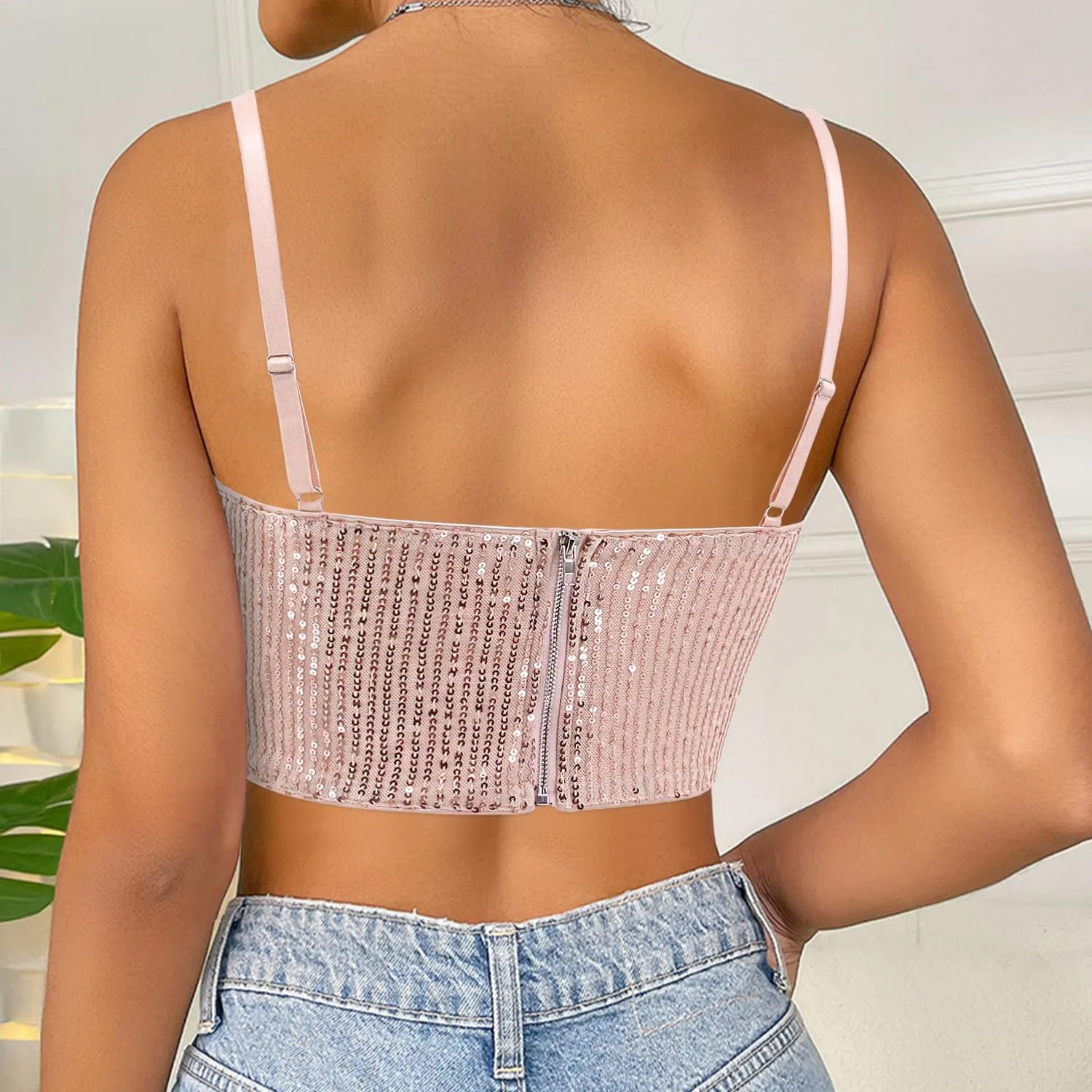 Vimoisa Women Reflective Metallic Tank Top Bustier Spaghetti Strap Crop Top Tight Sleeveless Tube Top Vest Blouse