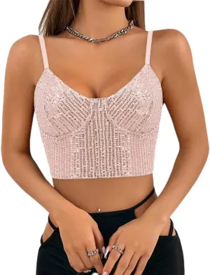 Vimoisa Women Reflective Metallic Tank Top Bustier Spaghetti Strap Crop Top Tight Sleeveless Tube Top Vest Blouse