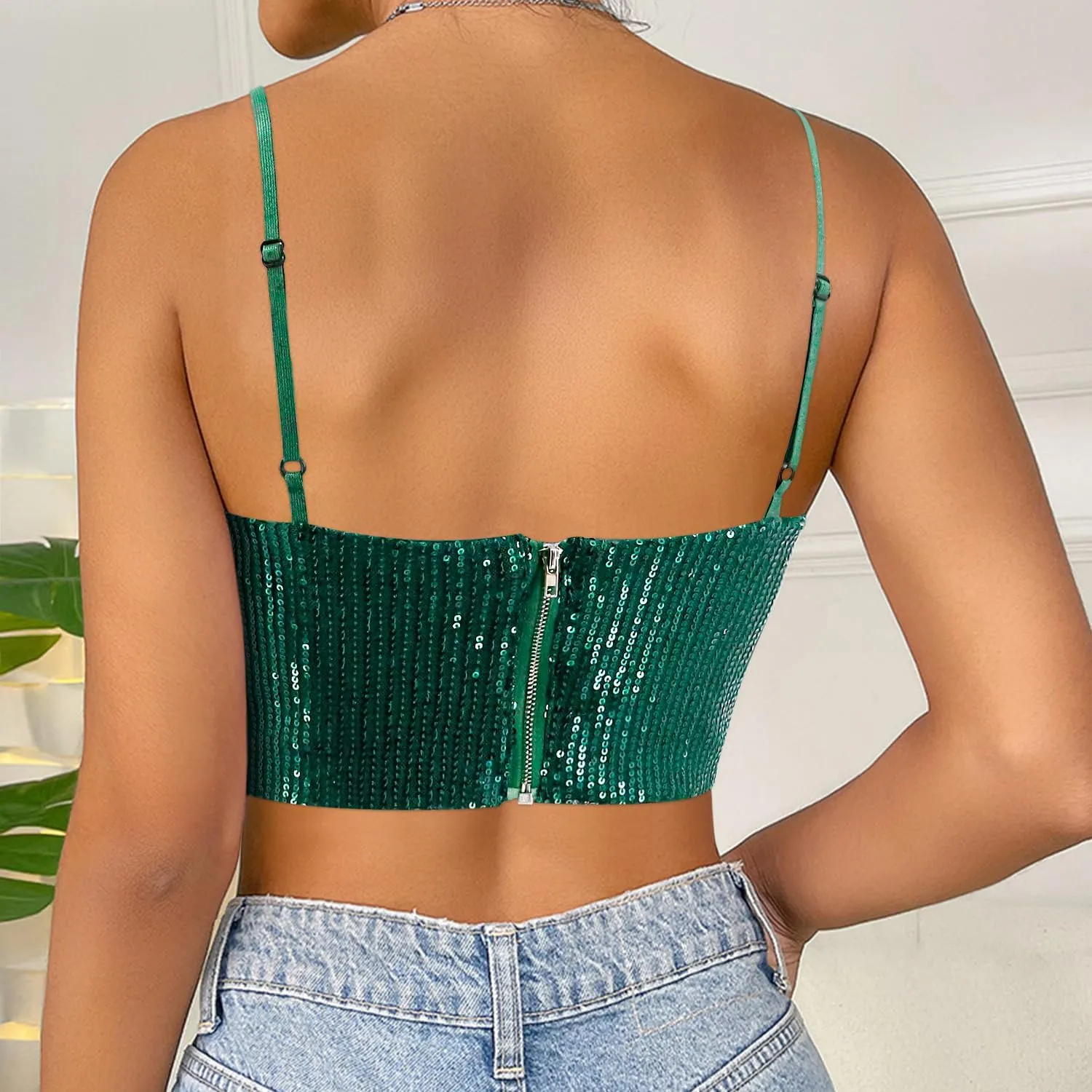 Vimoisa Women Reflective Metallic Tank Top Bustier Spaghetti Strap Crop Top Tight Sleeveless Tube Top Vest Blouse