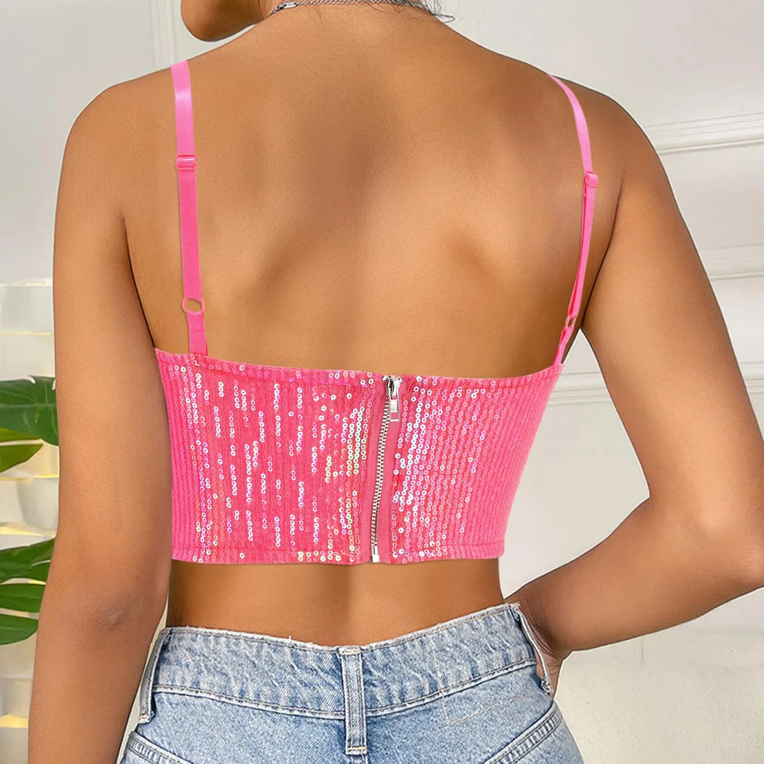 Vimoisa Women Reflective Metallic Tank Top Bustier Spaghetti Strap Crop Top Tight Sleeveless Tube Top Vest Blouse