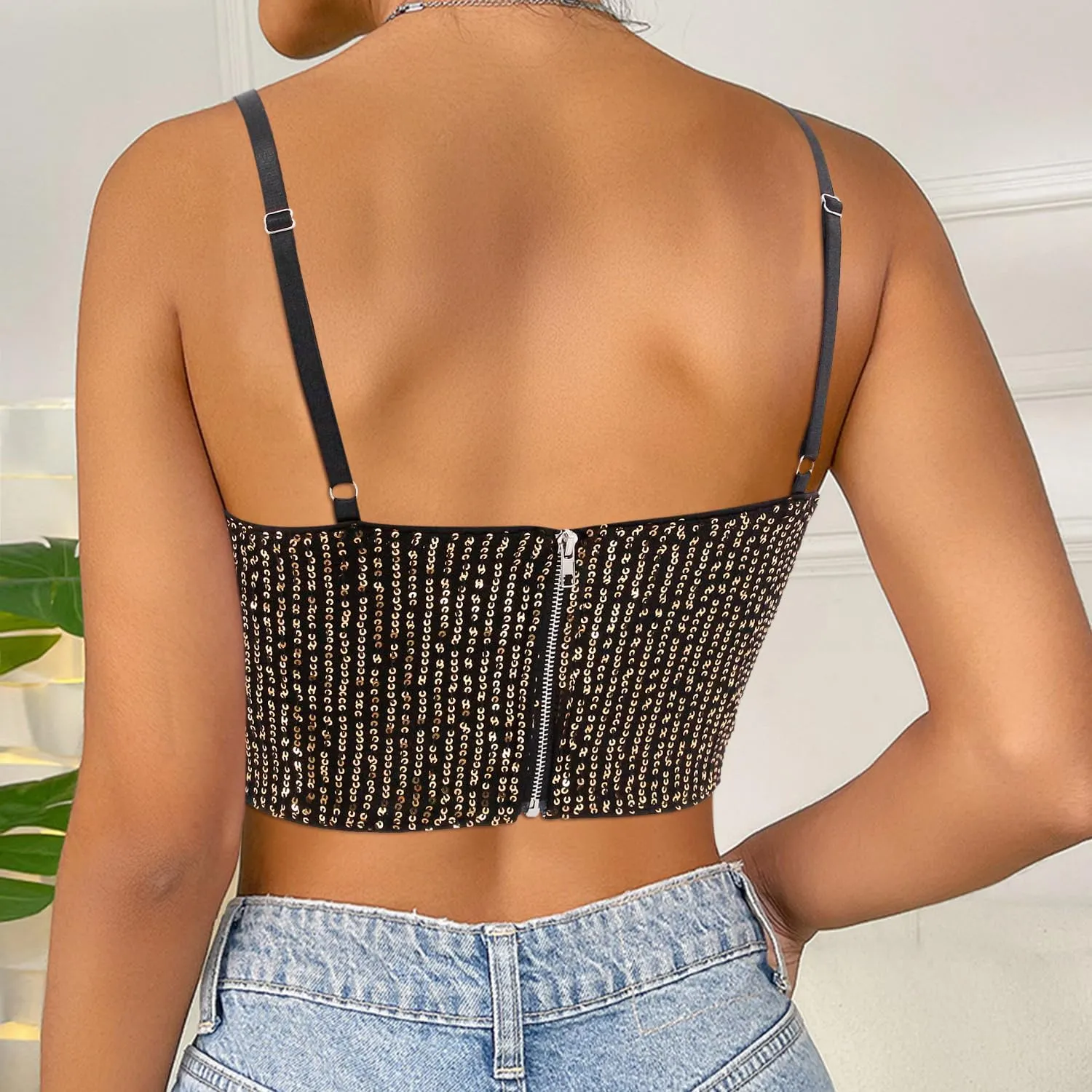 Vimoisa Women Reflective Metallic Tank Top Bustier Spaghetti Strap Crop Top Tight Sleeveless Tube Top Vest Blouse