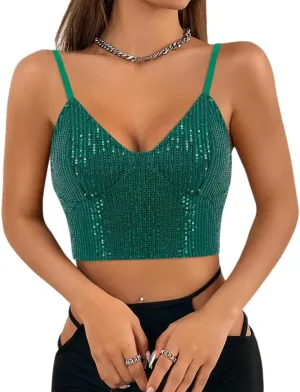Vimoisa Women Reflective Metallic Tank Top Bustier Spaghetti Strap Crop Top Tight Sleeveless Tube Top Vest Blouse