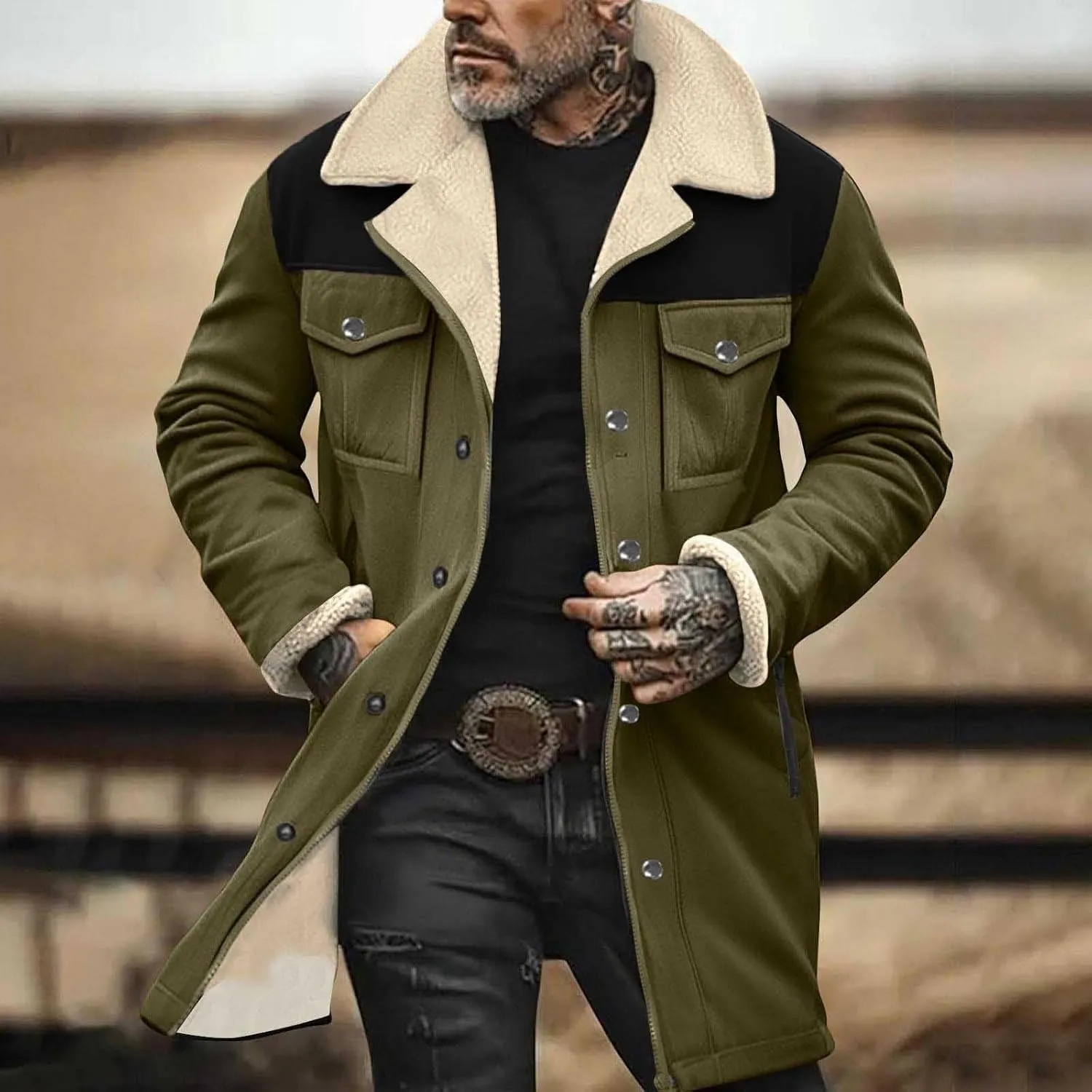 Vintage Suede Trench Coats Plush Reverse Collar Mens Outdoor Jacket Retro Warm Winter Sherpa Fleece Lined Outerwear