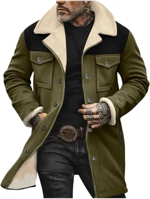 Vintage Suede Trench Coats Plush Reverse Collar Mens Outdoor Jacket Retro Warm Winter Sherpa Fleece Lined Outerwear