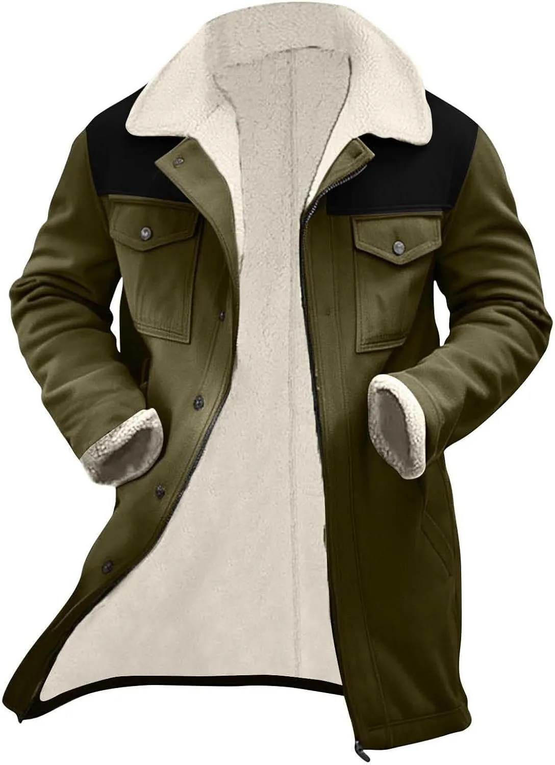 Vintage Suede Trench Coats Plush Reverse Collar Mens Outdoor Jacket Retro Warm Winter Sherpa Fleece Lined Outerwear