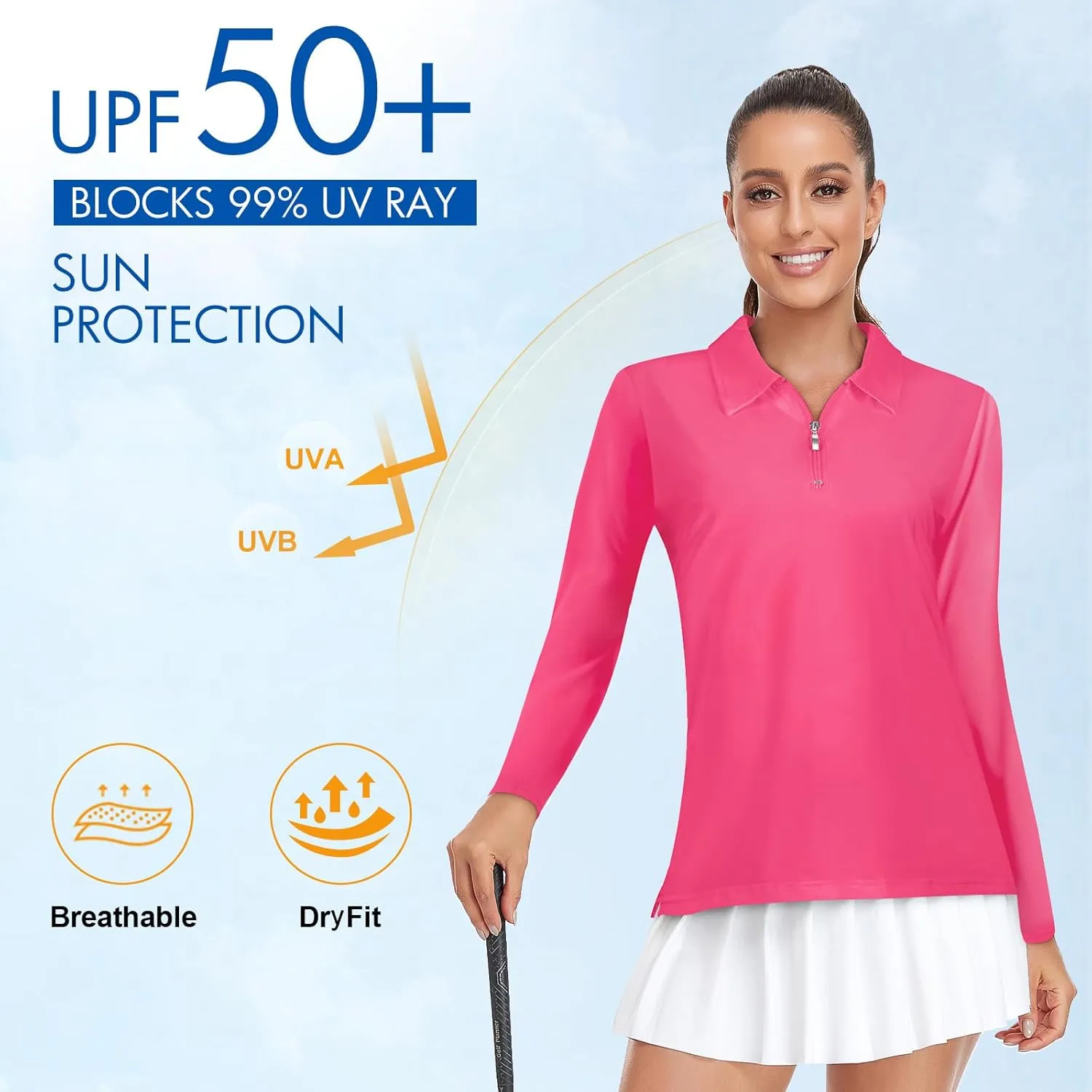 Viracy Womens Golf Shirt UPF50  Sun Protection Long Sleeve 1/4 Zip Up Polo Workout Tops Fast Dry Fit Moisture Wicking