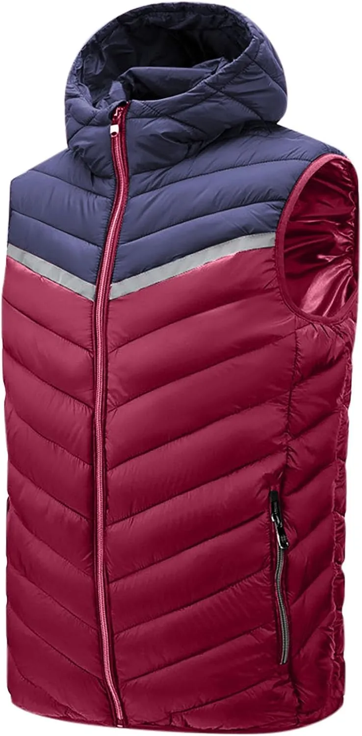 Waistcoat for Men's Fall Winter Warm Cotton Padded Sleeveless Snow Jackets Trendy Color Block Plus Size Vest Coat